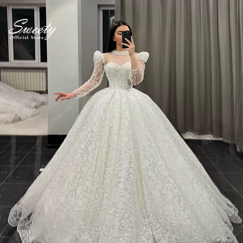 Robe de Mariée en Organza à Paillettes Brodées, Tenue de Bal à Manches sulf, Col Haut, lèvent, Perso