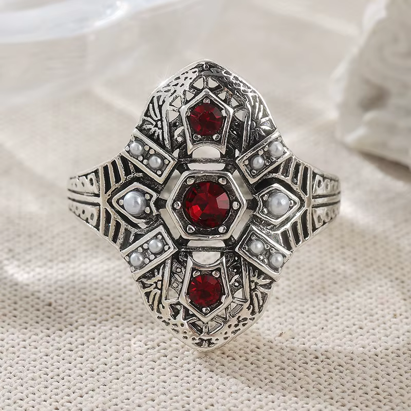 Bague texturée argentée de style gothique avec rubis synthétique incrusté délicat pour femme, access