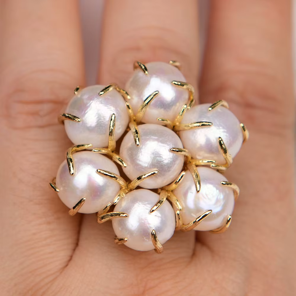 APDGG-Bague Ajustable Plaquée Or pour Femme, Perle Keshi Blanche de Culture Naturelle, Bagues Fleur 