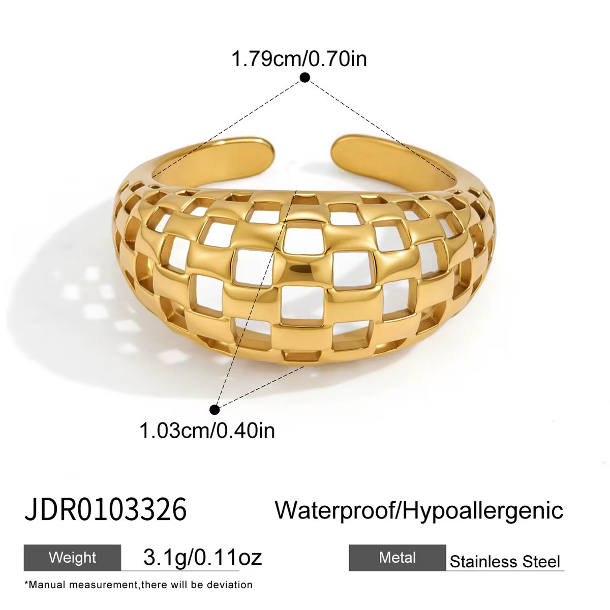 Bague creuse en maille plaquée or 18 carats pour femme, en acier inoxydable, large et épaisse, anti-