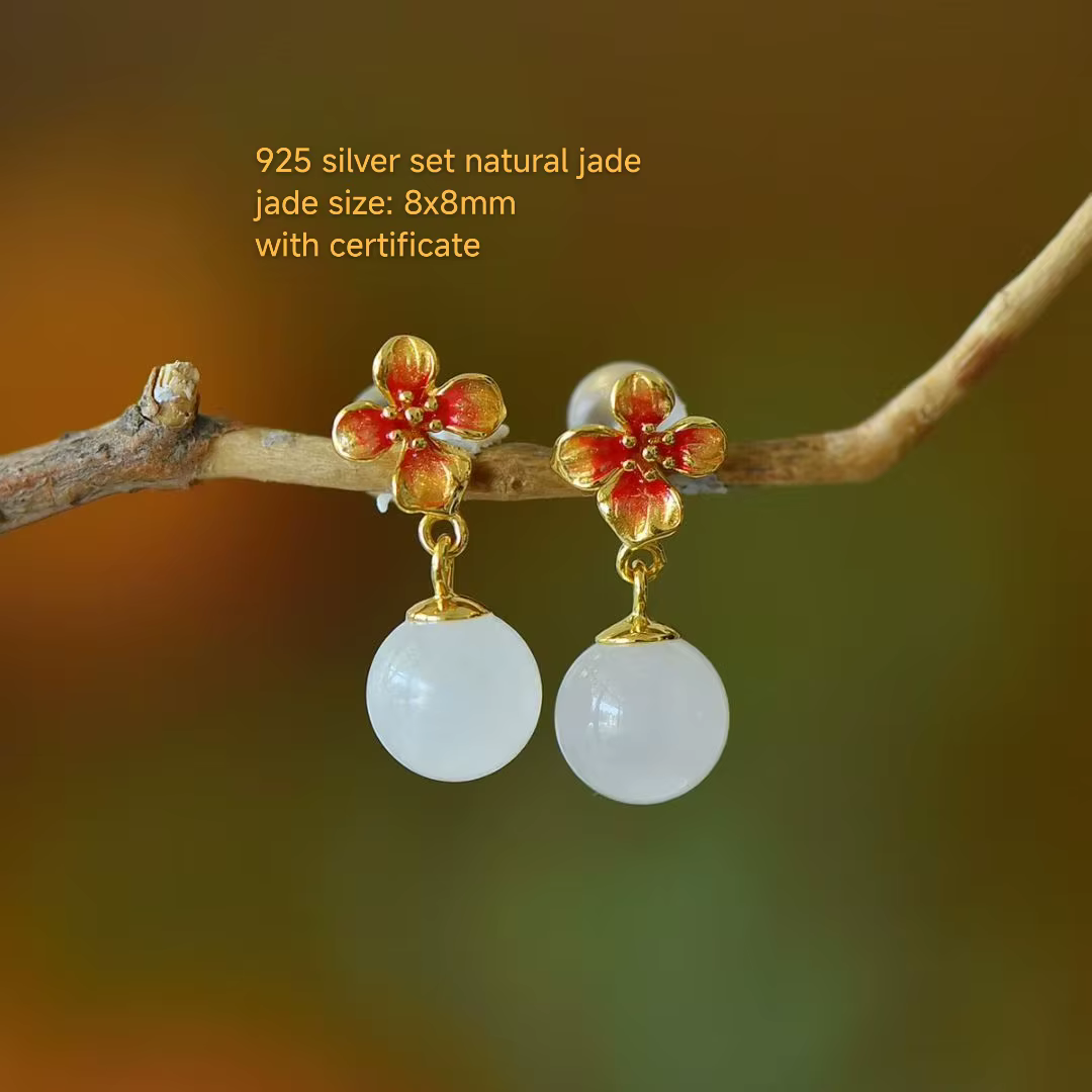 Certifié Vintage mode 925 argent ensemble naturel blanc Jade fleur oreille Stud véritable néphrite g