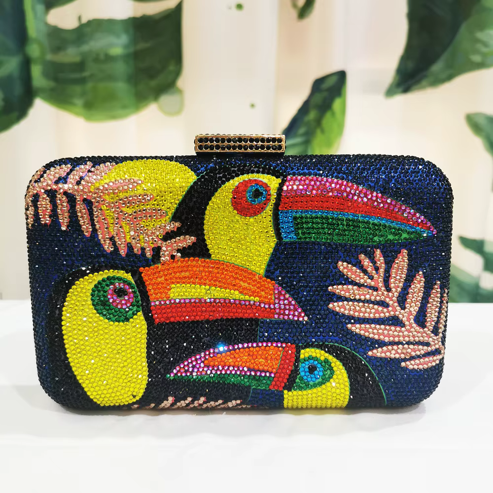 Nouveauté Toucan oiseau femmes cristal sacs de soirée strass boîte Minaudiere pochette fête Cocktail