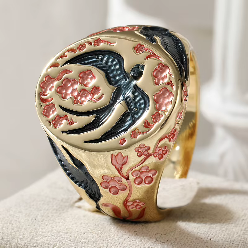 Bague vintage pour femme en émail sculpté à la main motif oie sauvage, couleur or, en métal, géométr