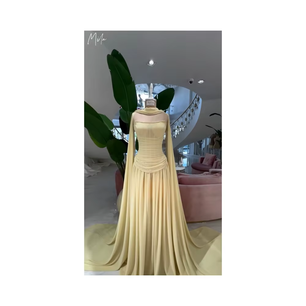 Mila jaune châle robe de mariée personnalisé bretelles sans manches robes de bal élégant Court Train