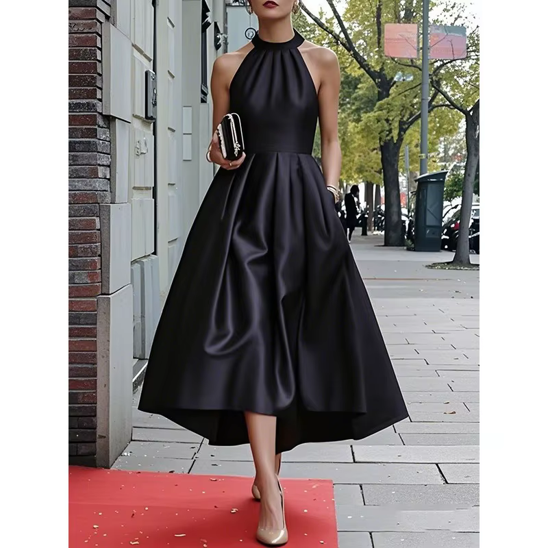 Robe de soirée en Satin bordeaux pour femmes, élégante et formelle, col licou, taille froncée, ligne