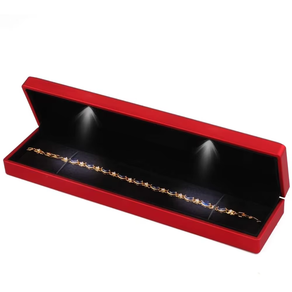 Boîte à bijoux LED avec lumière, longue mallette de rangement JOBracelet, vitrine pour mariages, fia