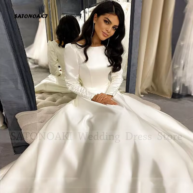 Robe De mariée en Satin pour femmes, personnalisée, élégante, Simple, col rond, ligne a, manches bou
