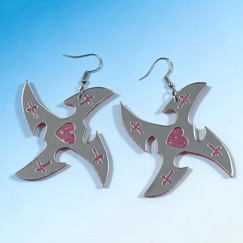 Boucles d'oreilles en forme de croix rose réfléchissante en argent pour femmes, bijoux Y2K, mode pun