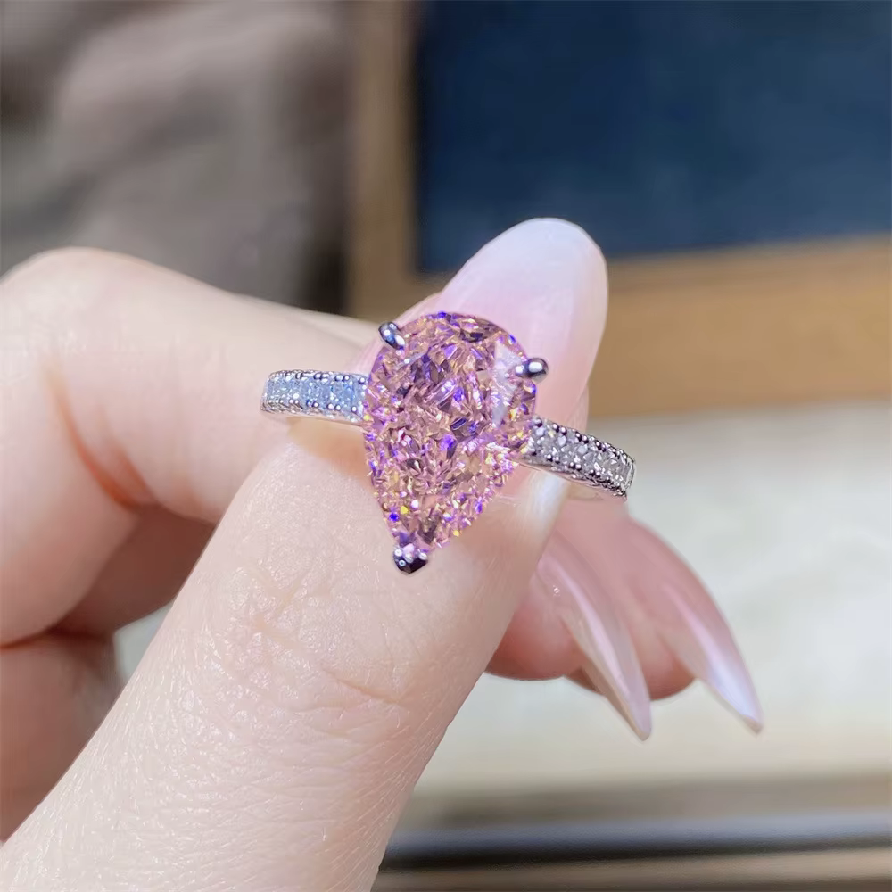 Bague en or blanc pur 18 carats, forme poire rose, diamant 7 carats, bague de fiançailles, bijoux de