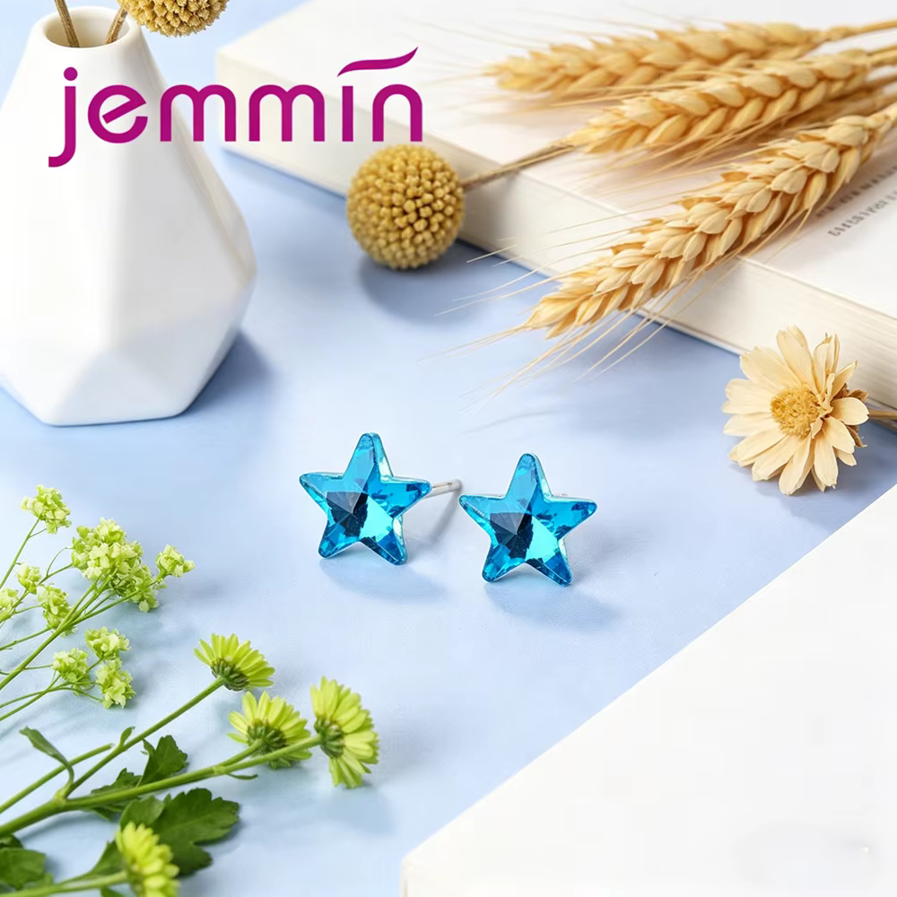 Nouvelles boucles d'oreilles étoile en argent sterling 925 avec strass bleus, bijoux attrayants pour
