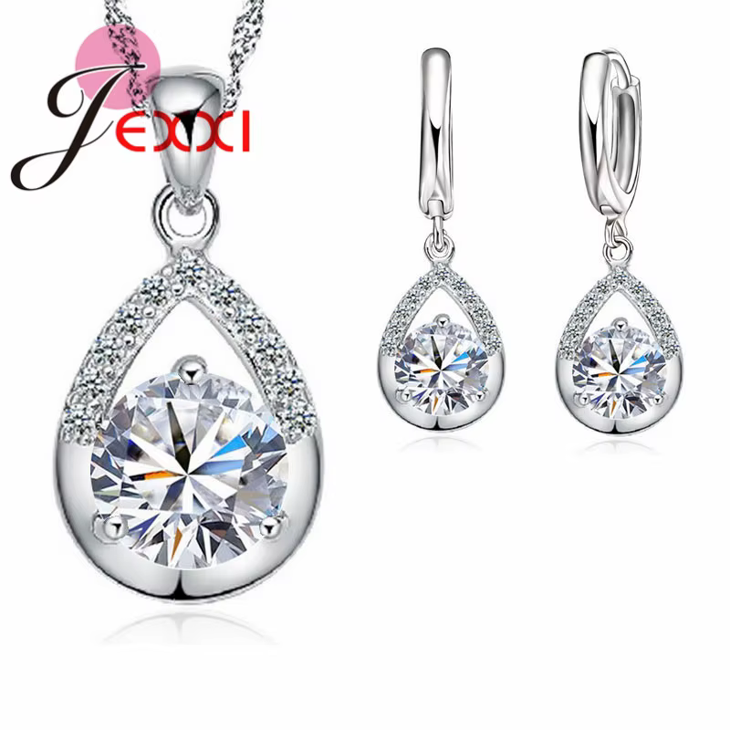 Ensemble de bijoux élégants en argent Sterling 925 et or blanc pour femmes, collier et boucles d'ore