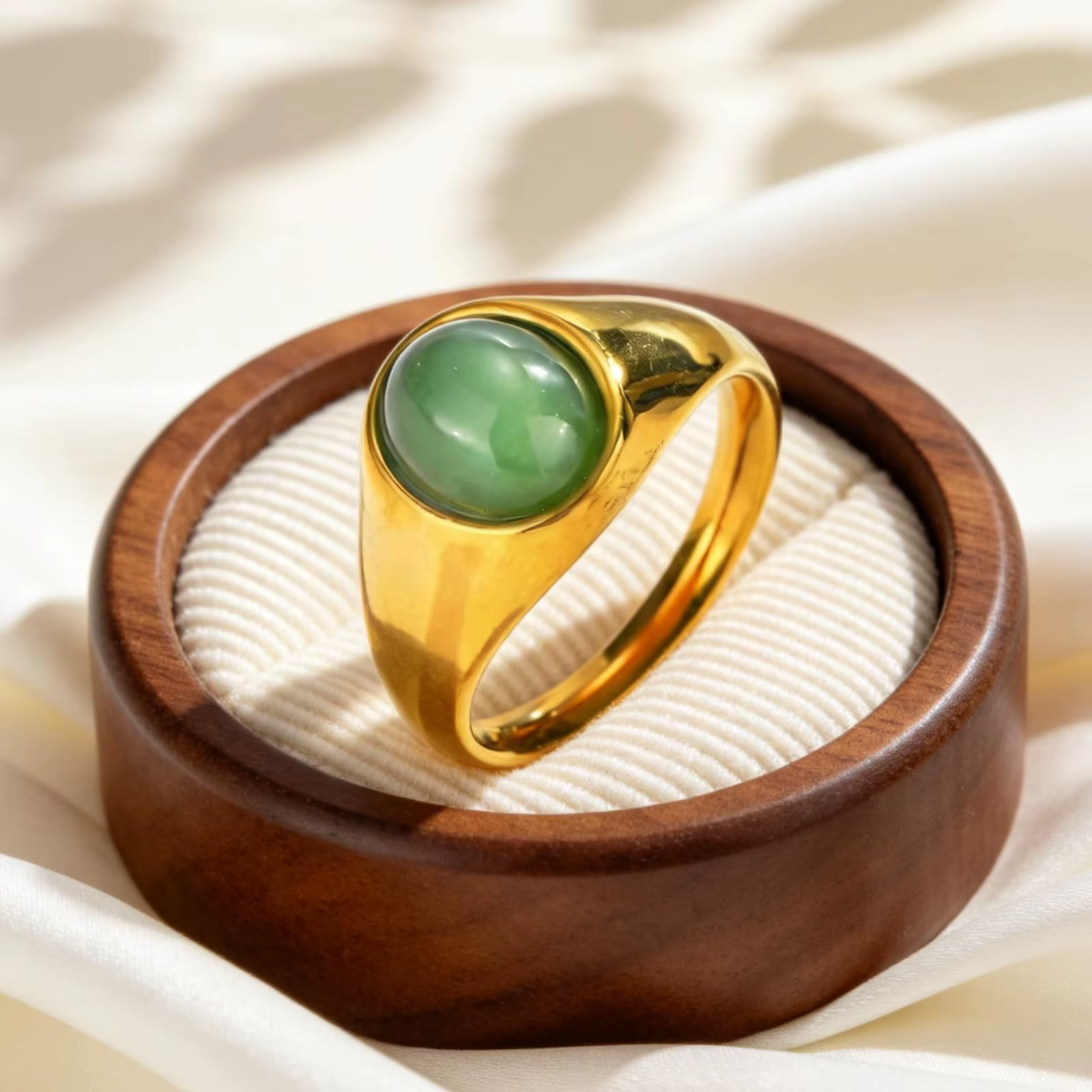 Bague ovale en acier inoxydable avec Aventurine naturelle pour femme, plaquée or 18 carats, bijoux t