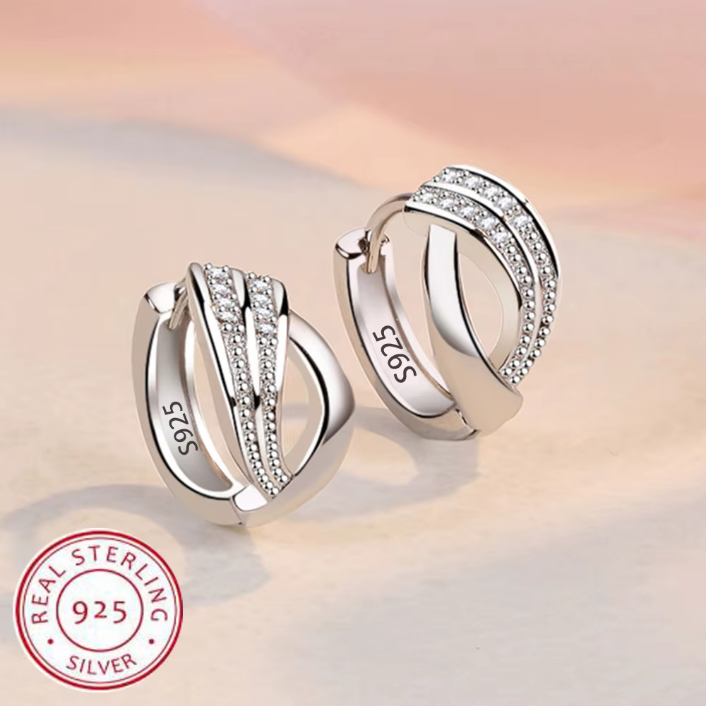 Cristal Zircon réel 925 boucles d'oreilles en argent Sterling canal cubique zircone boucles d'oreill