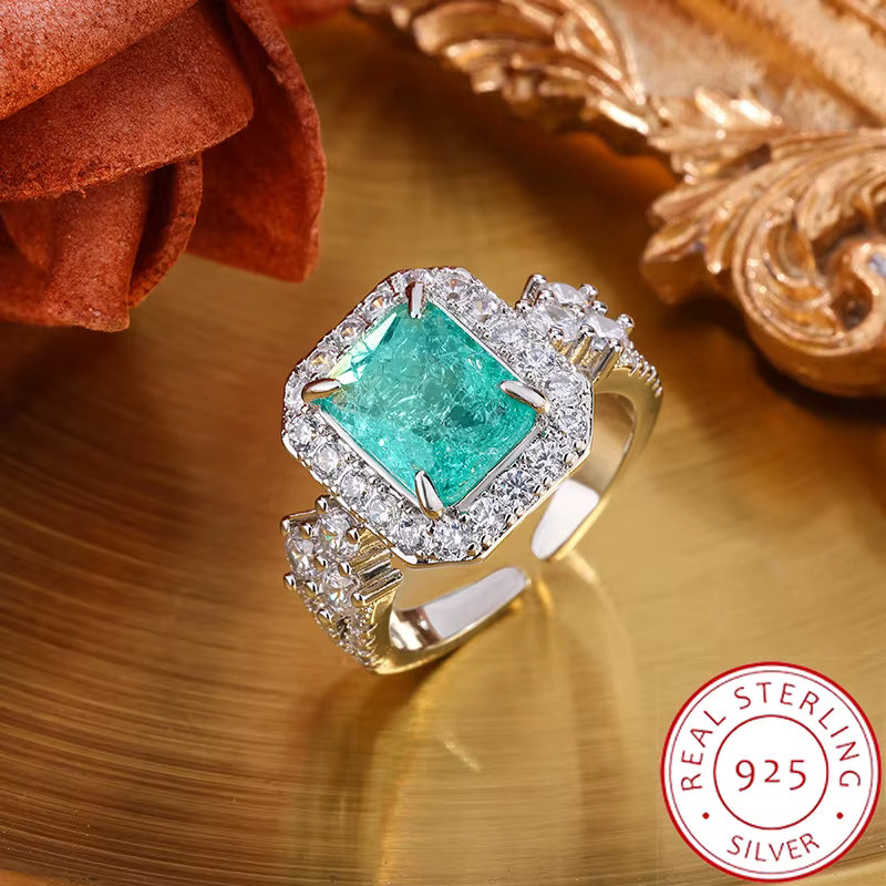 Bague Paraiba verte 2026 pour femmes, bijoux à bande ouverte réglable, cadeau délicat en pierres pré