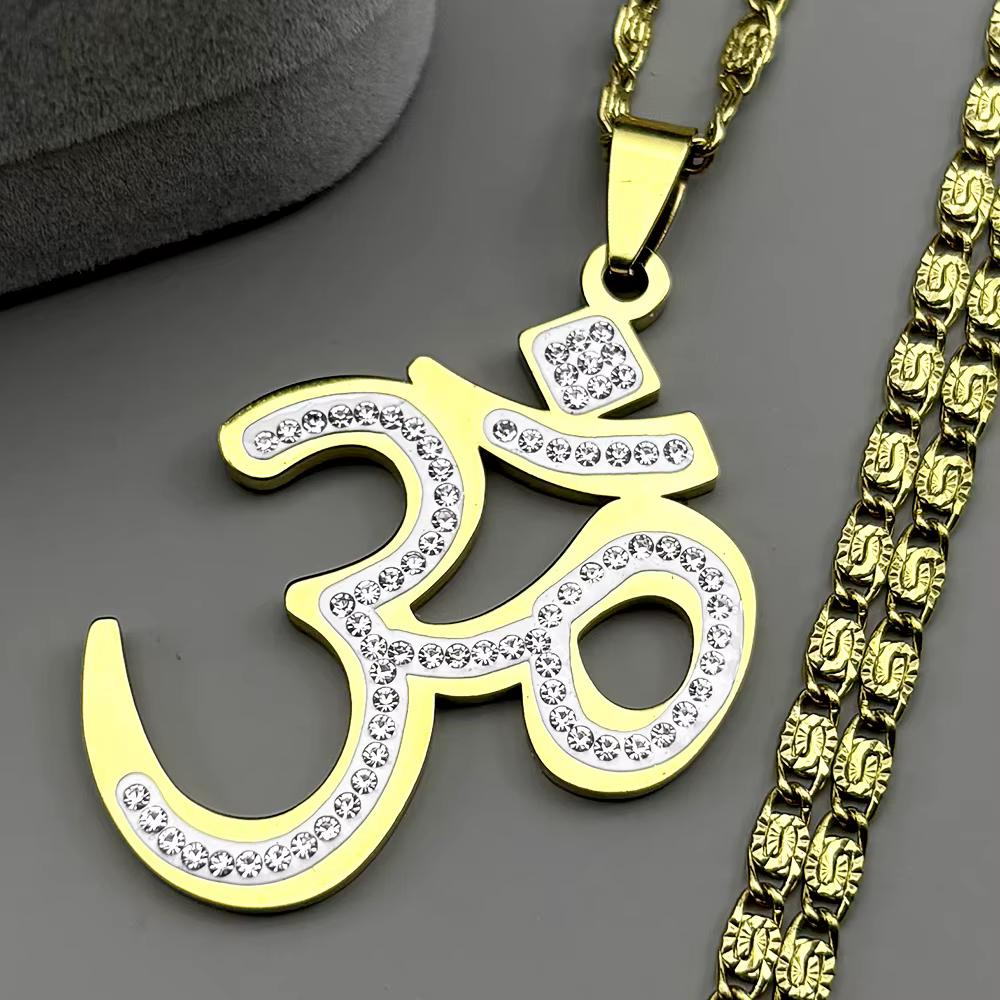 Collier pendentif en acier inoxydable avec strass, symbole Om hindou de yoga, pour femmes et hommes,