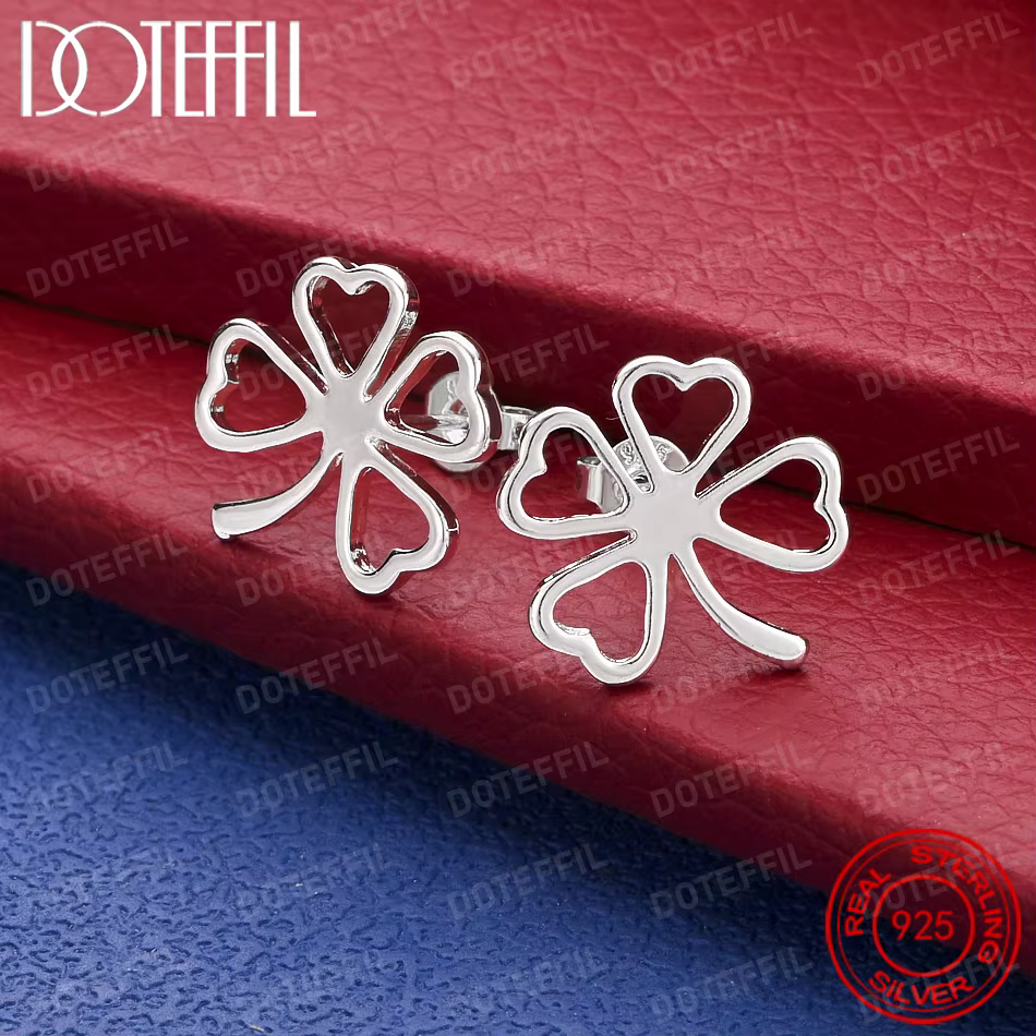 Boucles d'oreilles élégantes en argent sterling 925, motif trèfle à quatre feuilles ajouré, pour fem