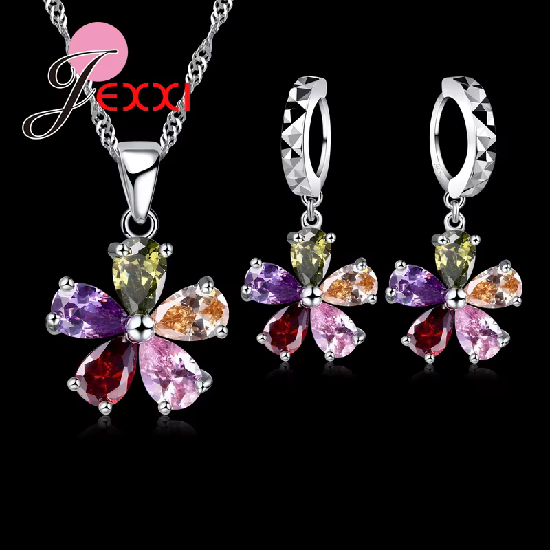 Kendning Flower-Ensembles de bijoux pendentif en cristal coloré CZ, collier en argent regardé 925, b