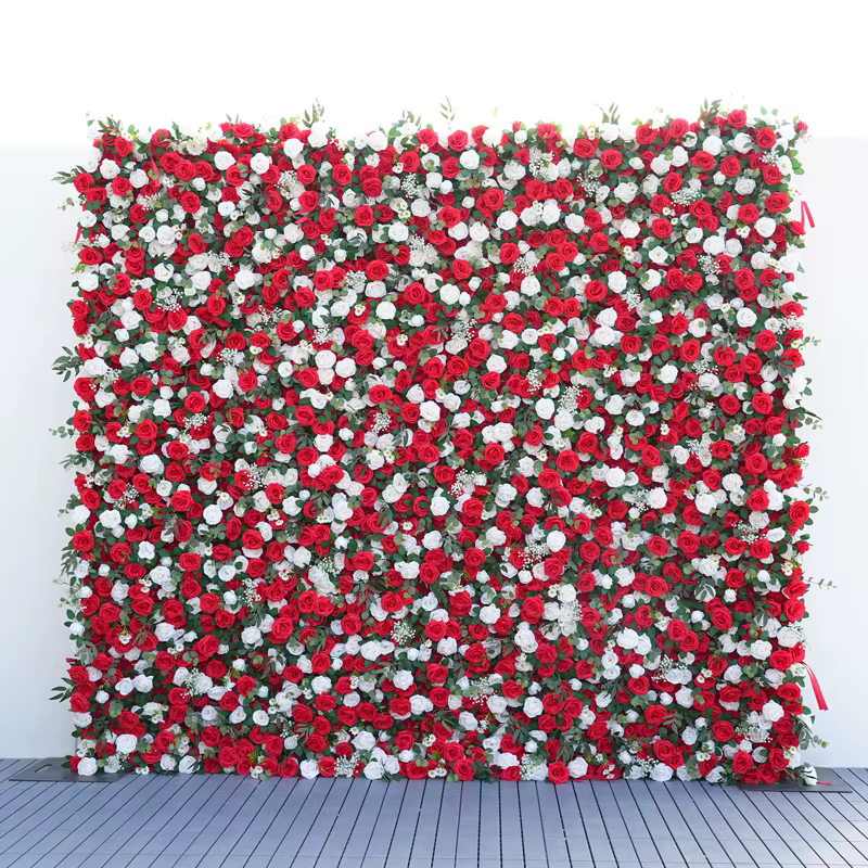 Toile de fond de mariage Rose rouge et blanche, mur de plantes vertes, Arrangement Floral, fournitur