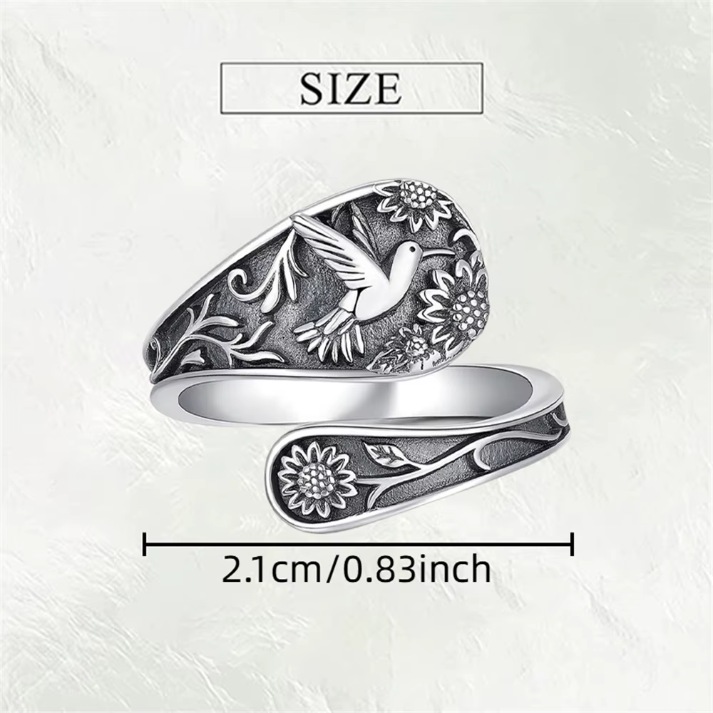 Bague Cuillère Vintage Bohème pour Femme, Motif Tournesol et Colibri Gravé, Bijoux Ethniques Élégant