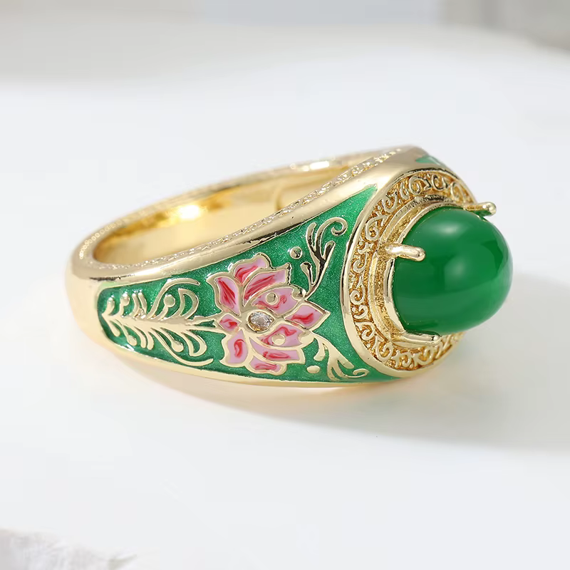Bague Émeraude Synthétique Style Ethnique avec Motifs Floraux en Émail Imitation pour Femme, Bijou F