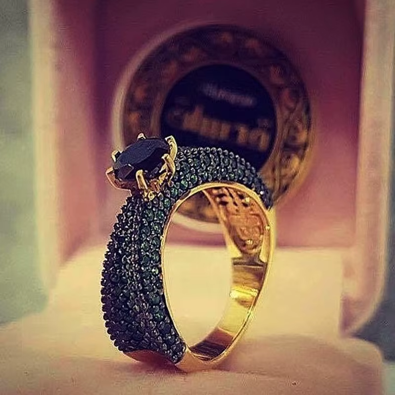Ensemble de bagues de luxe plaquées or pour femmes, bagues en pierre noire, bijoux de fiançailles et