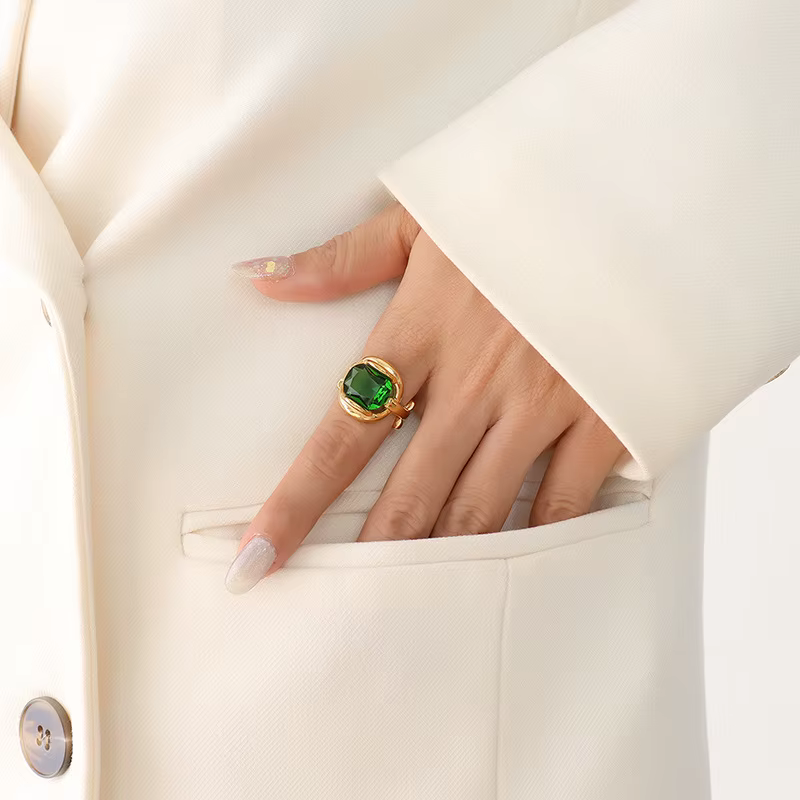 Bague en cristal émeraude pour femme, Niche, Accessoires vintage, Délicat, Rotterdam, Bague en acier
