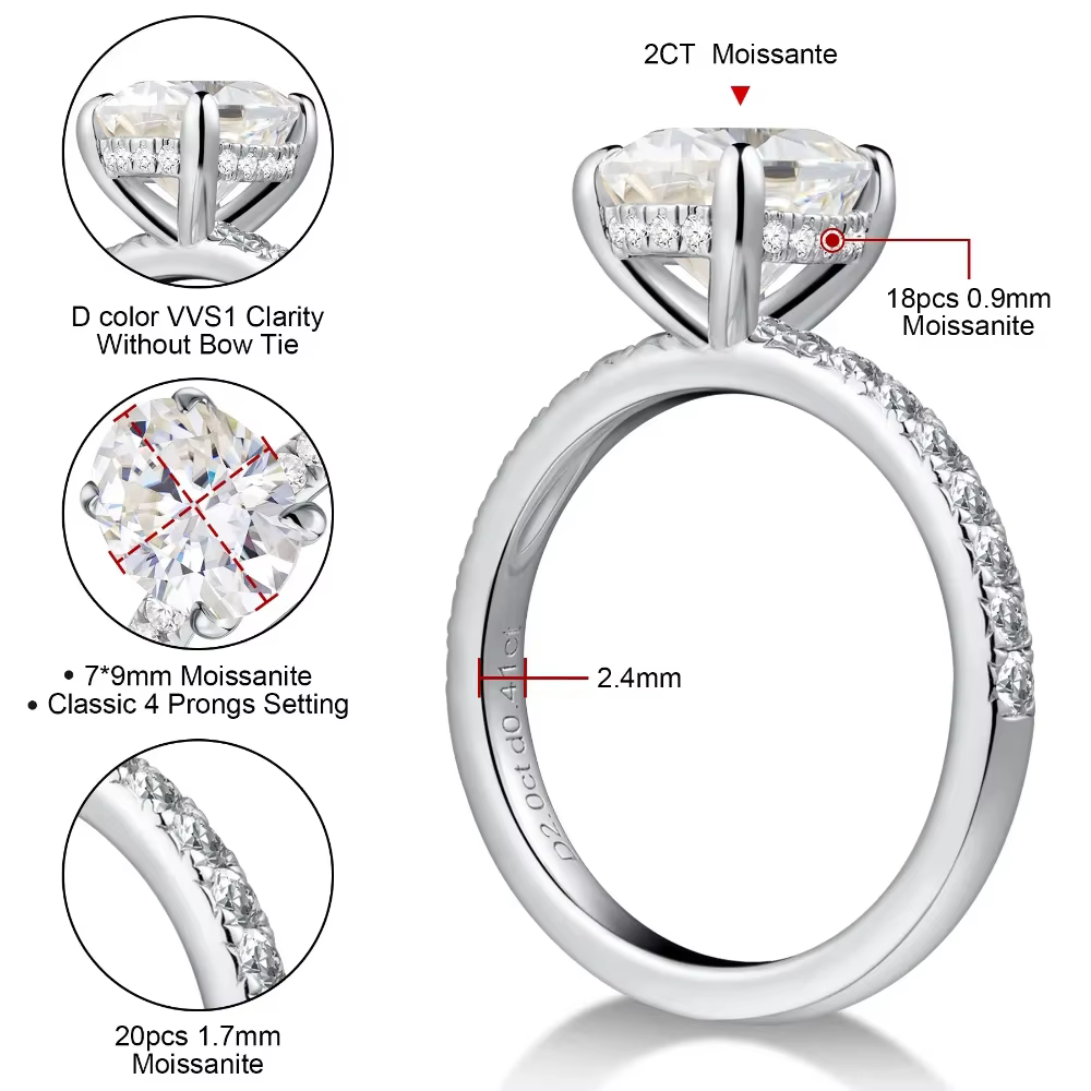 Bague Moissanite en argent regardé 925 pour femme, diamant 2 carats, plaqué or blanc 18 carats, mati