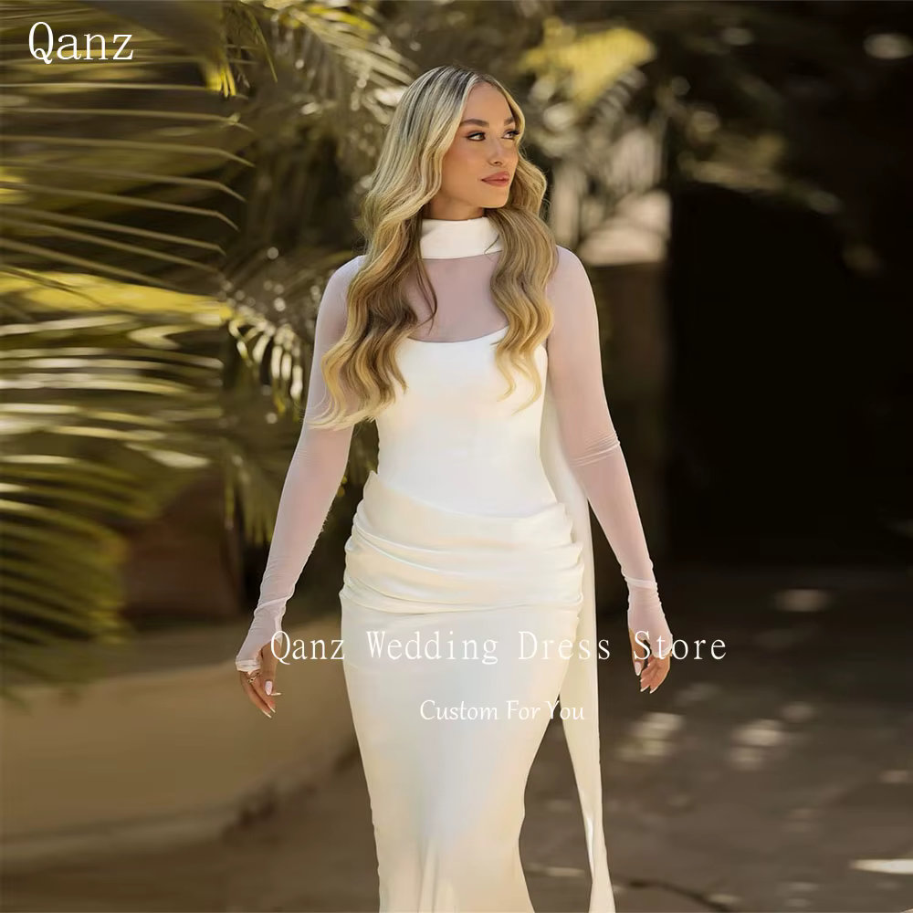 Qanz élégant sirène robes De mariée pour les femmes pure manches longues 2 pièces Satin Robe De Noiv