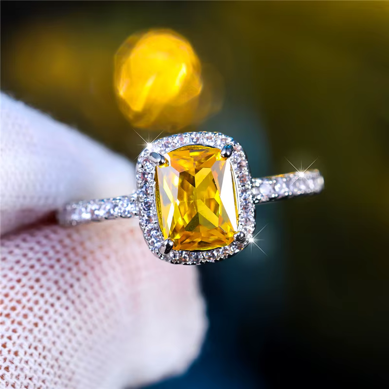 Bague en pierre de Zircon carrée jaune pour femme, breloque mignonne, couleur argent, bijoux de mari