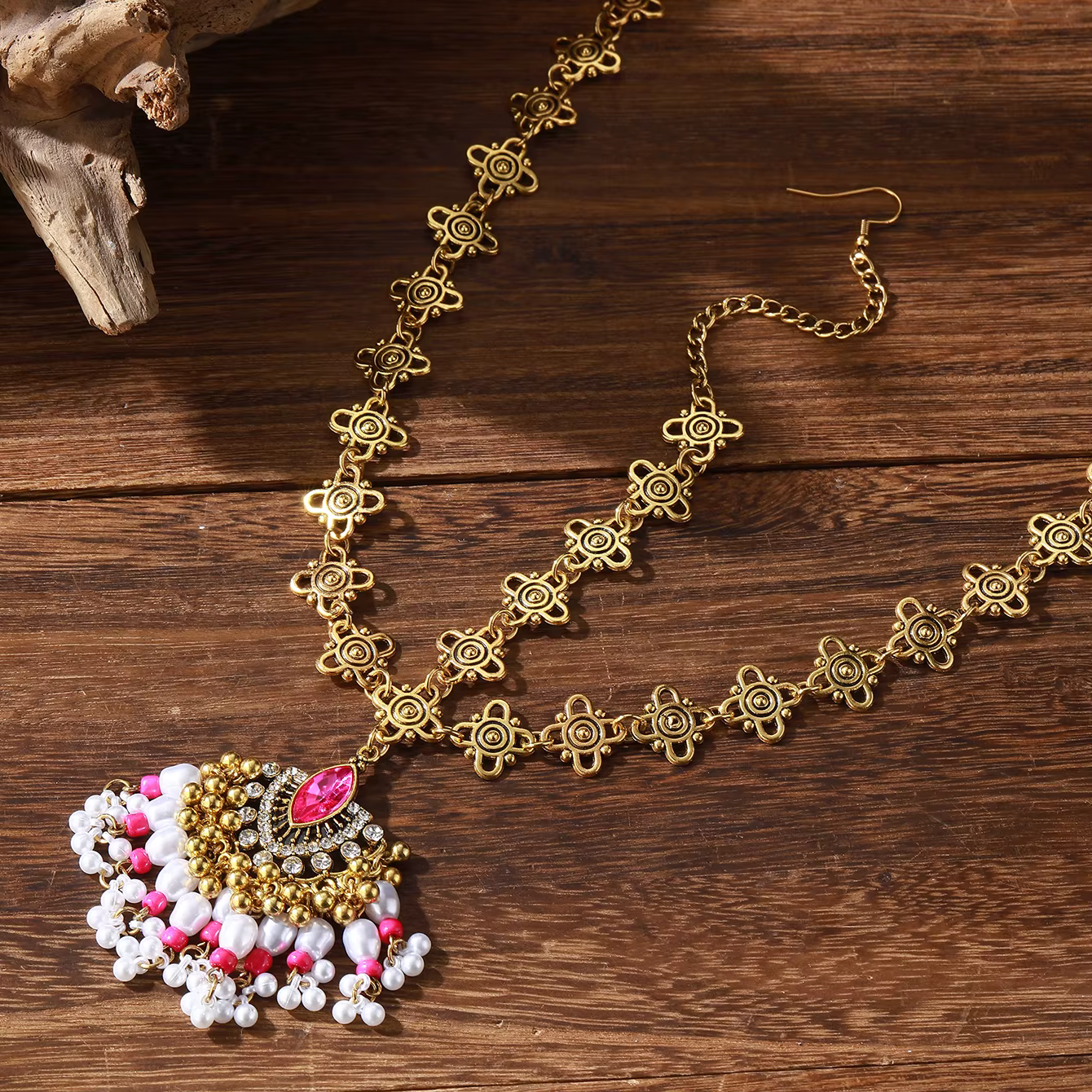 Chaîne frontale indienne Vintage couleur or, strass géométriques, perles, pompon, bijoux pour cheveu