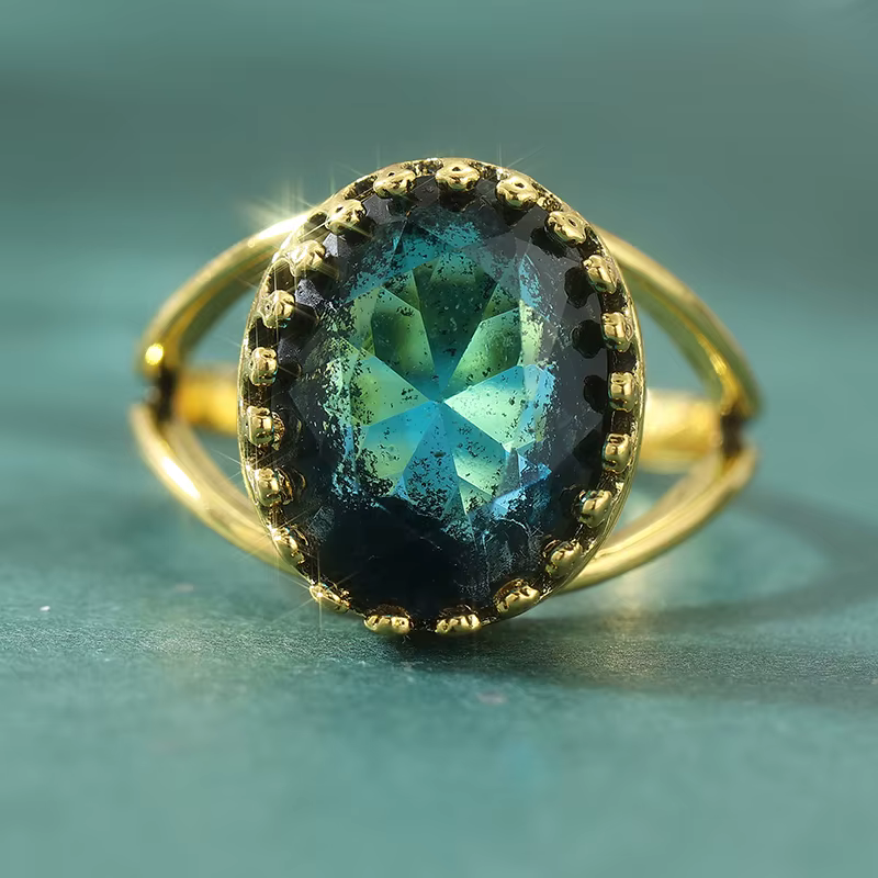 Bague vintage de luxe couleur or avec zircone synthétique ovale bleue pour femmes, accessoires de bi