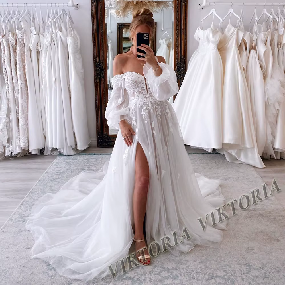 VIKTORIA-Robes de mariée fendues personnalisées pour femmes, manches amovibles, appliques éducatives