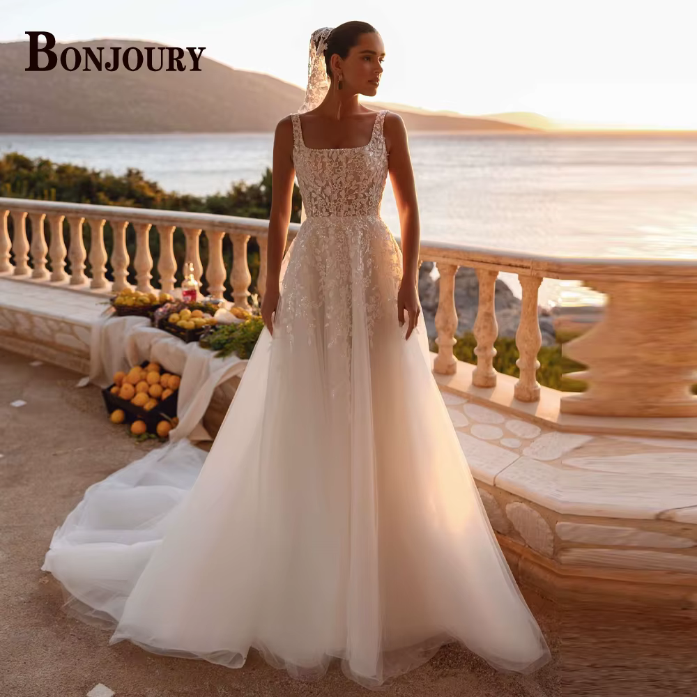 BONJOURY robe De mariée raffinée col carré a-ligne bouton Appliques bretelles Spaghetti robes De Nov
