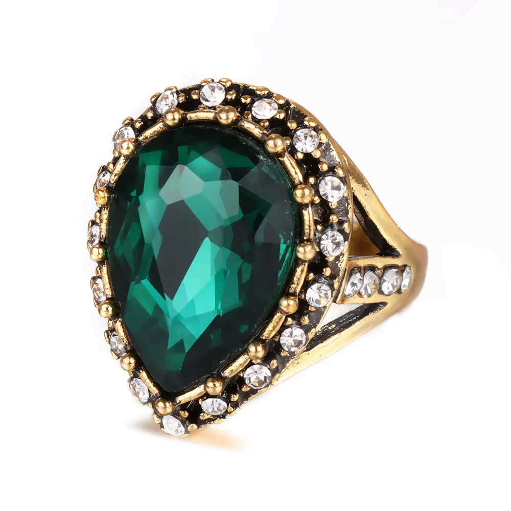 Bague en verre vert rétro, anneau facial en alliage Simple, Style Vintage, forme de goutte d'eau, ga