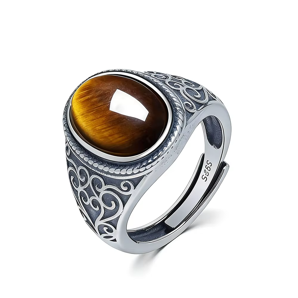 Bague vintage en argent sterling 925 avec pierre naturelle œil de tigre 10*14MM, style rétro, grande