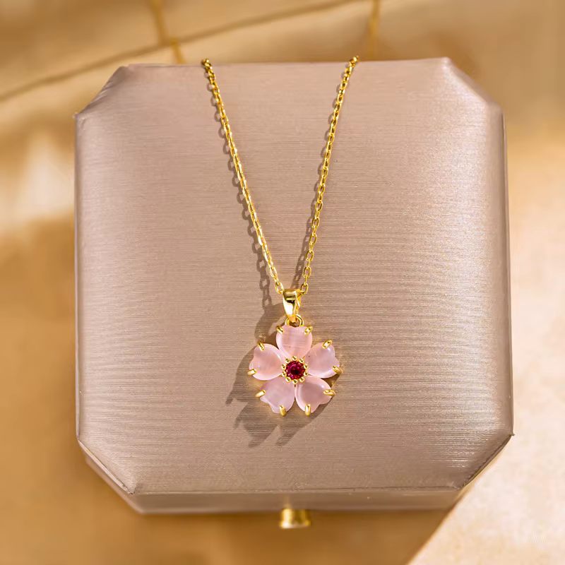 Collier pendentif fleur de cerisier créatif pour femmes, cristal Zircon Rose opale amour coeur fleur