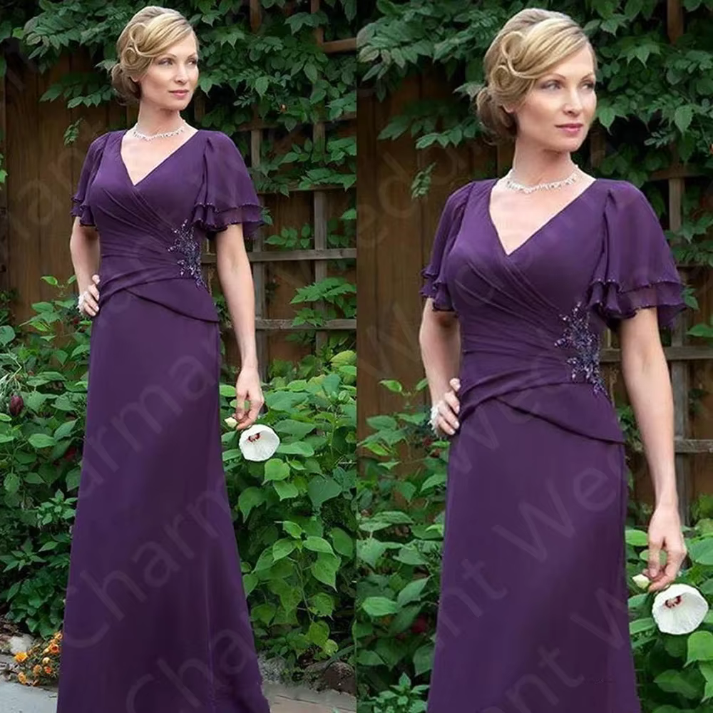 Nouvelle arrivée 2023, robe de mère de la mariée violette à manches courtes, robes longues à paillet