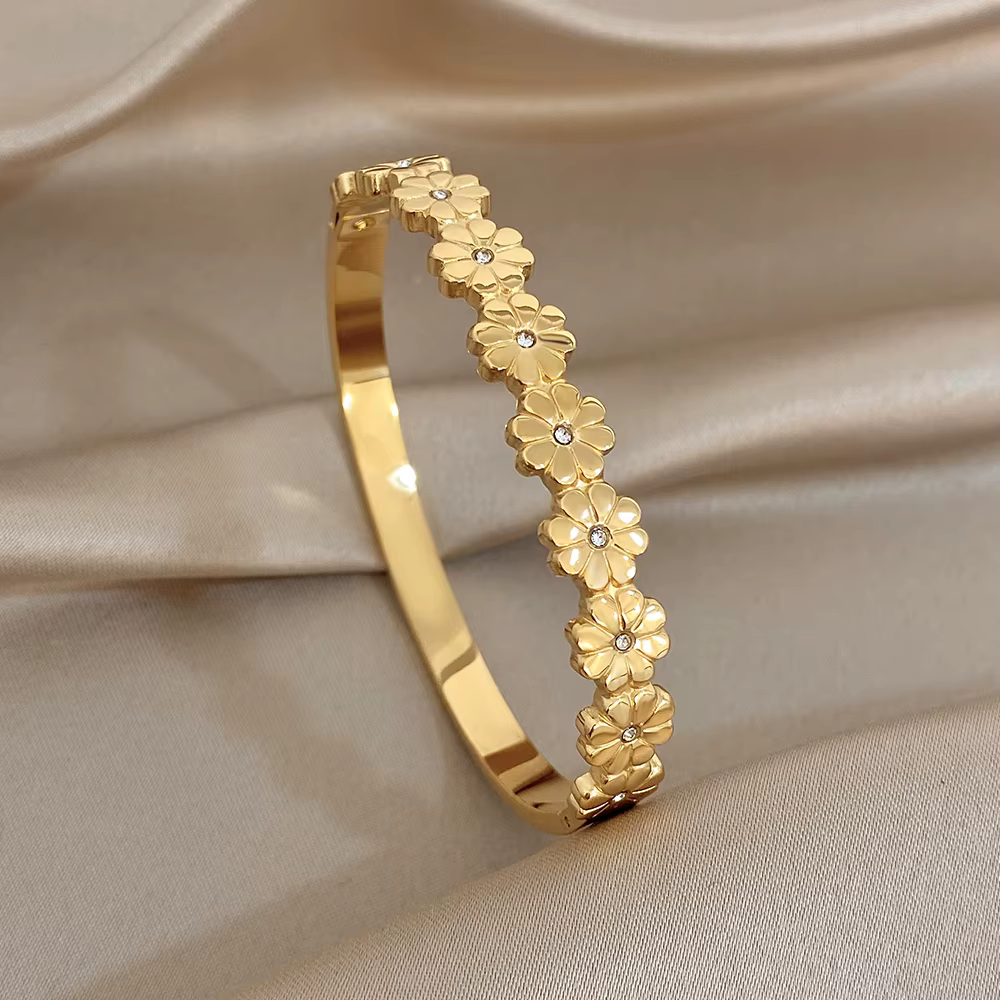 Bracelet manchette AENSOA avec grappe de fleurs incrustées de strass, luxe léger, en acier inoxydabl