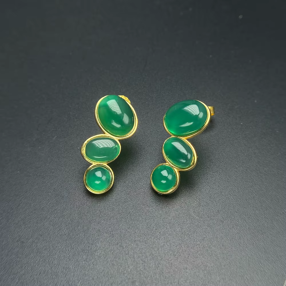 Boucles d'oreilles élégantes en Agate verte naturelle, en argent Sterling 925, or jaune 18 carats, b
