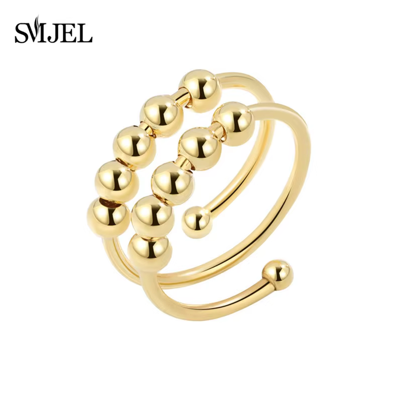 Anneaux Anti-Stress et anxiété pour femmes, perles métalliques, rotation libre, bijoux d'anniversair