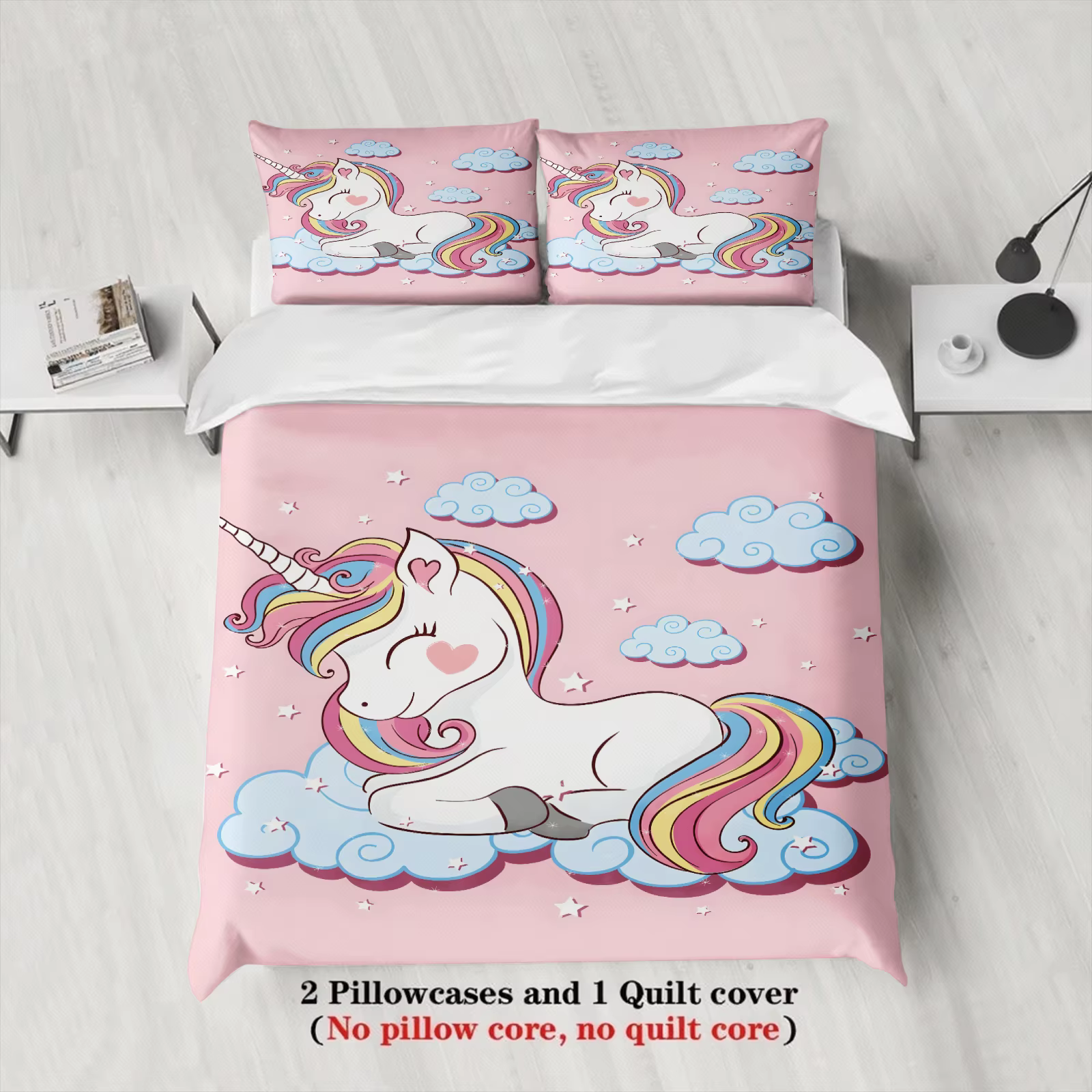 Ensemble de housse de couette licorne arc-en-ciel, couleurs rose, nuage et étoile, pour chambre d'en