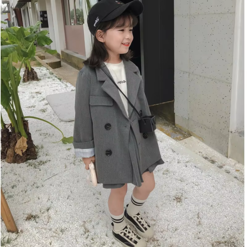 Costume pour bébés filles et garçons, hauts pour enfants, manteaux, veste, gris britannique, vêtemen
