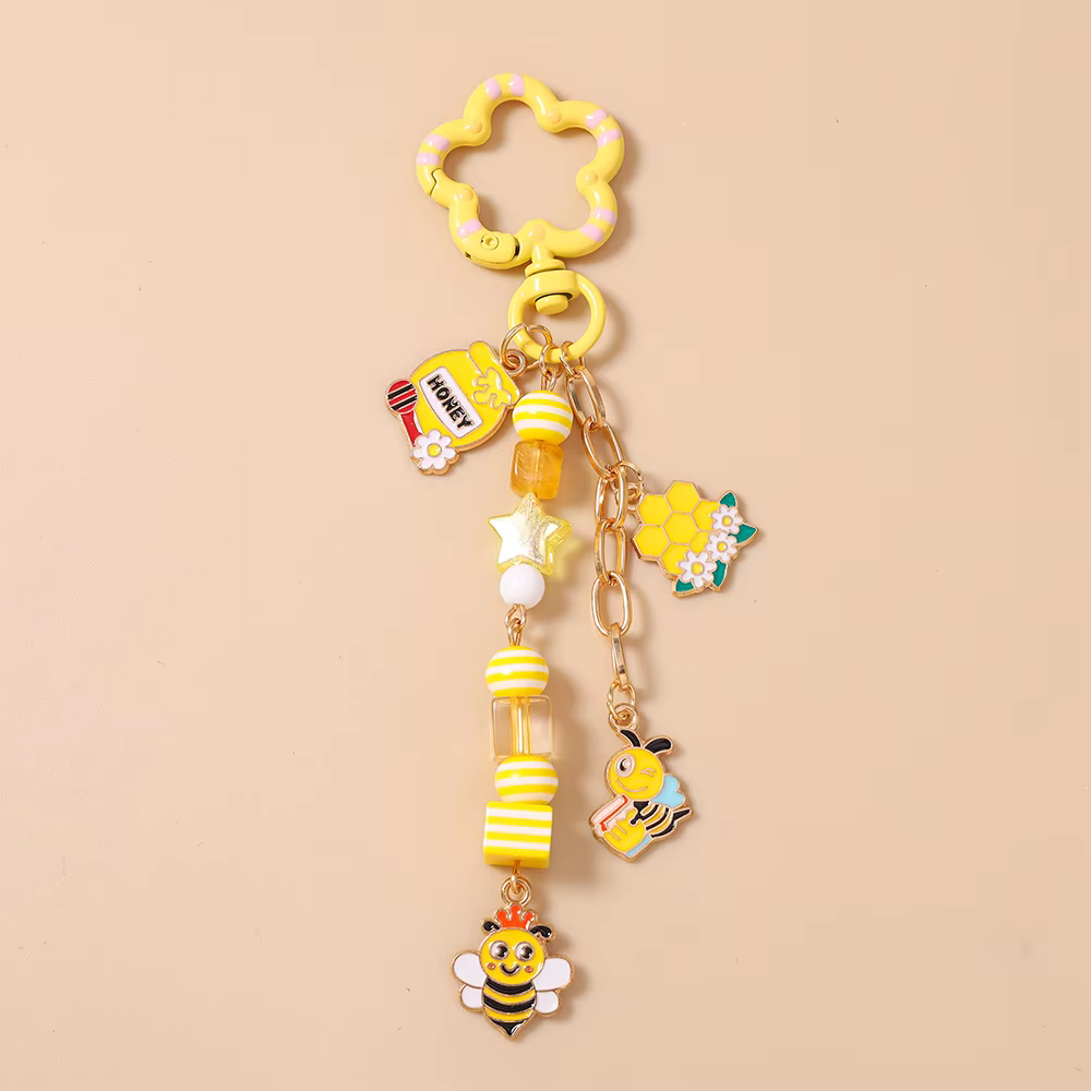 Porte-clés Mignon Fleur Émaillée Abeille Fait Main, Pendentifs Perles pour Femmes Filles, Décoration