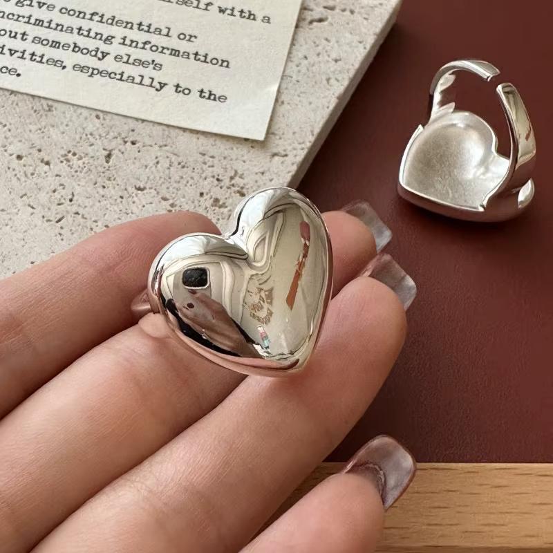 Bagues en argent Sterling 925 pour femmes, Vintage, fait à la main, réglable, grand cœur, mode fémin