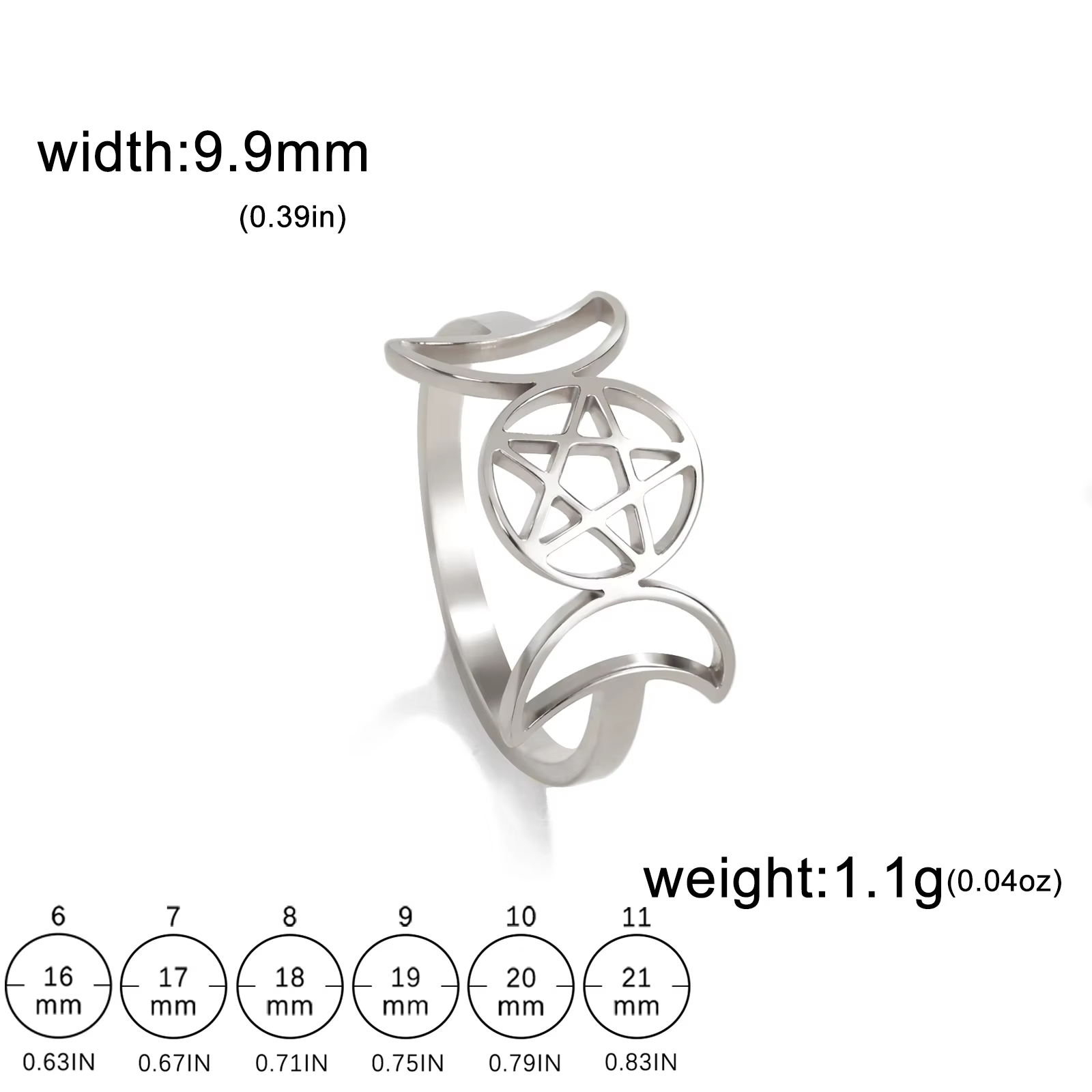 COOLTIME-Bagues Pentagramme Triple lune en symbole de la déesse pour Homme et Femme Bague en étoile 