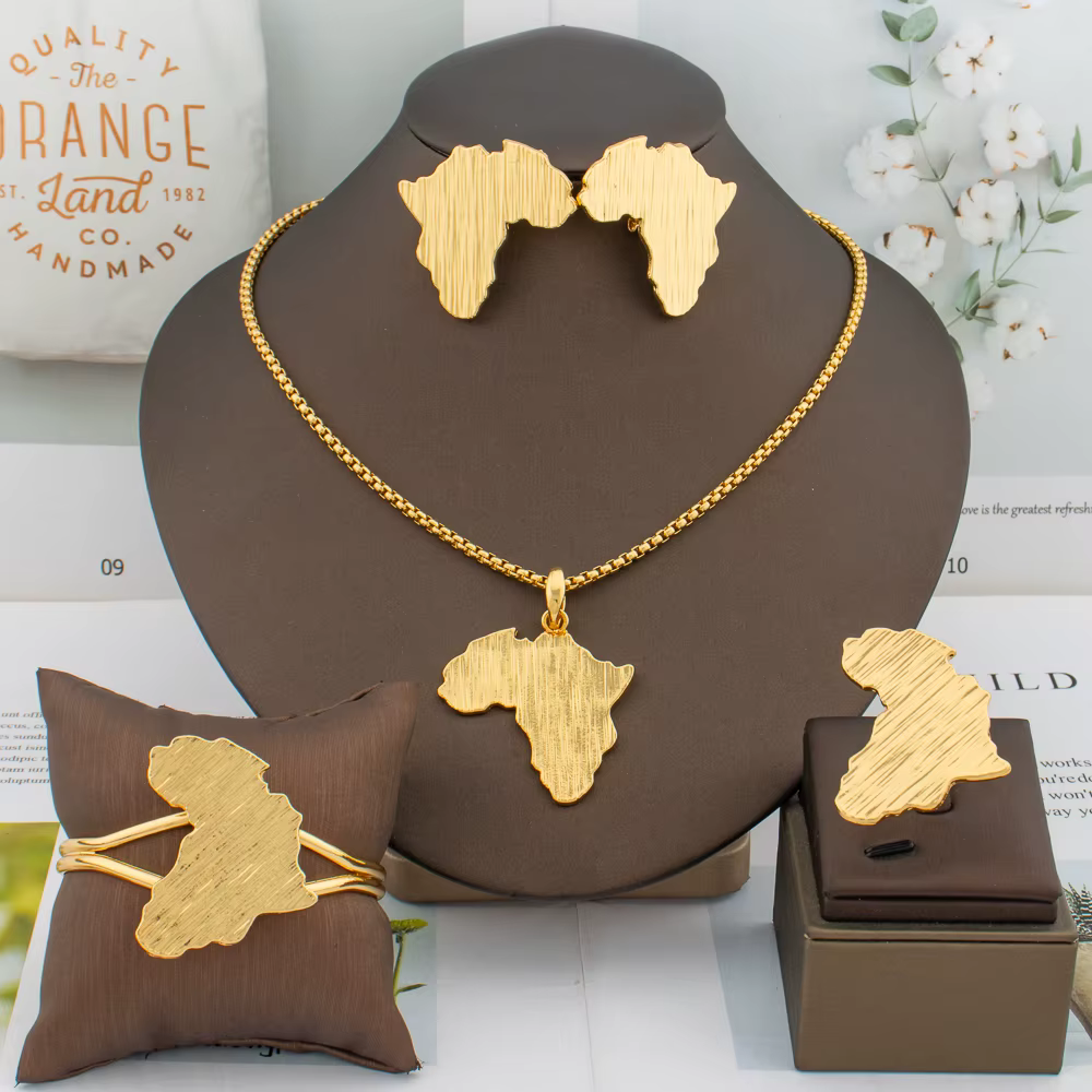 Ensemble de bijoux couleur or dubaï, chaîne Design carte africaine, boucles d'oreilles pour femmes, 