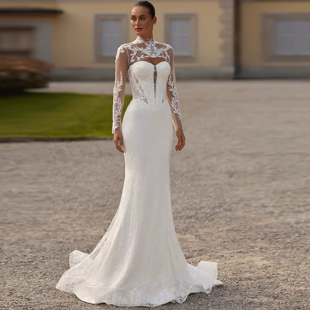 Robe de mariée sirène élégante en organza avec appliques, manches longues délicates, robes de mariée