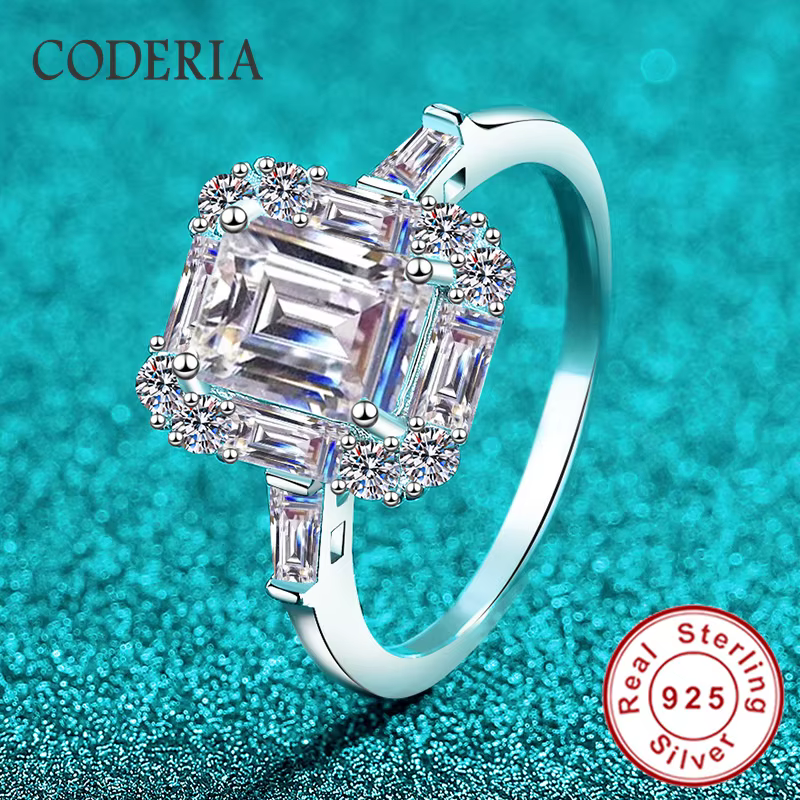 Bague en Moissanite Émeraude 2 carats couleur D plaquée Or Blanc 18K pour Femme, Bague de Fiançaille
