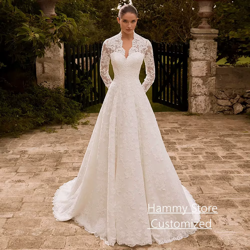 Robe De mariée arabe modeste personnalisée, manches longues, col en V, dentelle exquise, ligne A, Ro