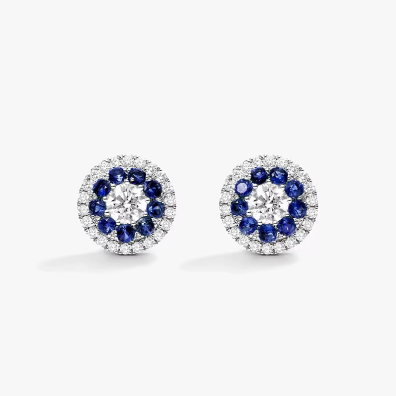 Bague en or blanc 9K/14K/18K avec saphir de laboratoire et diamant, double halo rond, bague de fianç
